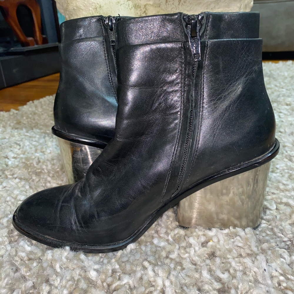 Black leather with silver/metal heel booties
